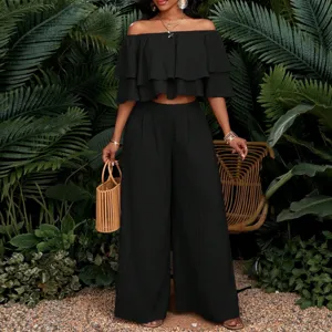 2026 schulterfreies rüschen crop top hohe taille weite beine hose zweiteiler set