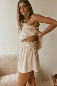 Set due pezzi top senza spalline e pantaloncini in cotone lino stile resort francese donna.