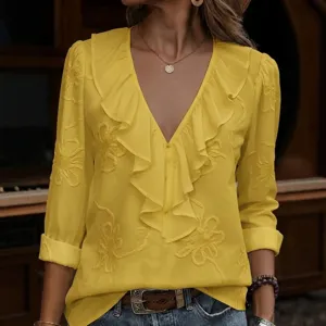 Elegant V Neck Ruffle Long Sleeve Polyester Blouse For Women Solid Color Slim Fit Casual Versatile Top Ladies Spring Clothing