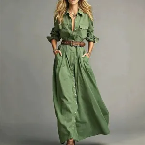 Women Long Sleeve Green Maxi Shirt Dress Casual Button Down Belted Utility Long Dress