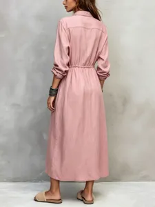 Details of the casual pink long sleeve drawstring waist shirt dress showing the back fit.