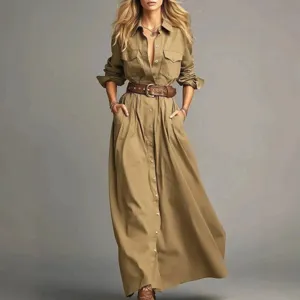 Women khaki long sleeve button down maxi shirt dress with belt, elegant safari style apparel.