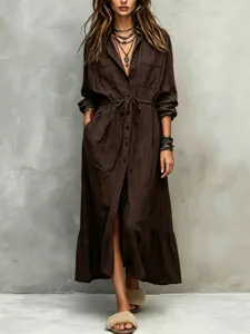 Close-up detail of the stylish brown long-sleeve shirt dress, featuring a drawstring waist.