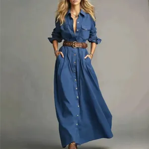 Elegant blue long sleeve button down maxi shirt dress for women chic casual wear apparel