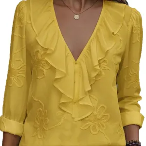 Women yellow long sleeve V-neck ruffle embroidered elegant slim fashion blouse top
