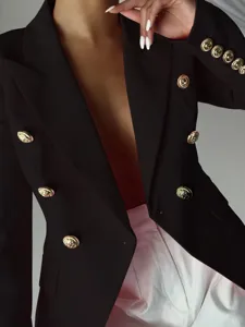 Mujer Blazer Negro Doble Botonadura Botones Dorados Entallado Elegante Chaqueta De Traje