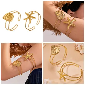 Roestvrij Staal Ocean Stijl Zeester Schelp Armband Open Manchet Arm Sieraad Set