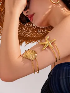 Gouden roestvrijstalen zeester en schelp armmanchet armband ocean stijl strand sieraden.
