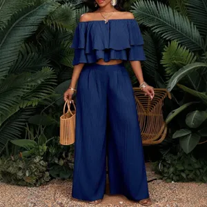Schickes schulterfreies Rüschen Crop Top und hochgeschnittene weite Hose Sommer Set