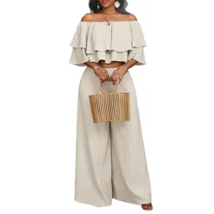 Schulterfreies Rüschen-Crop-Top und hochtaillierte weite Hose zweiteiliges Urlaubs-Set