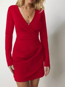 Femme manche longue col v cache coeur mini robe rouge élégante pour soiree mode neuf
