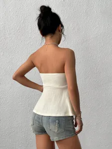 Sexy strapless tube top for women, chic smocked peplum summer fashion top, backless design.