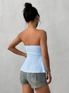 Light blue strapless tube top detail view, perfect for summer sexy casual fashion outfits.