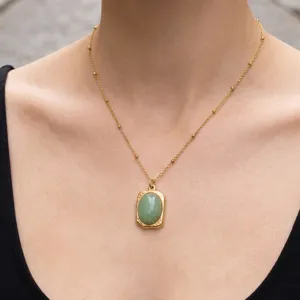Collier Pendentif Ovale en Pierre Naturelle en Acier Inoxydable Vintage pour Femmes Chaîne de Clavicule Esthétique Minimaliste Plaquée Or 18K