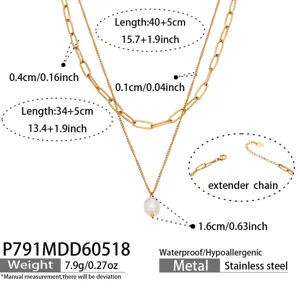 Elégant collier double en acier inoxydable avec pendentif perle d'eau douce pour femme.