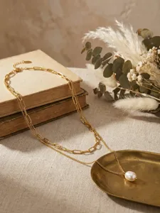 Collier double couche en acier inoxydable doré avec pendentif perle d'eau douce élégant bijou