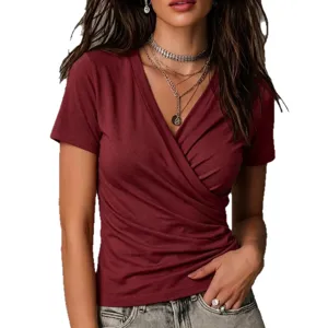 T-shirt femme été col V cache-cœur manches courtes décontracté slim uni haut élégant