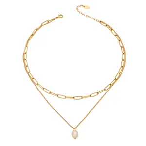 Collier double en acier inoxydable doré avec pendentif perle d'eau douce mode femme
