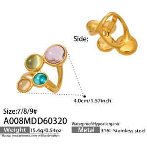 Anello in acciaio inossidabile placcato oro con pietra occhio di gatto multicolore.