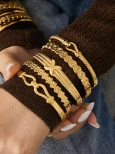 Gold Plated Stainless Steel Stackable Bangle Bracelet Set Women Geometric Jewelry