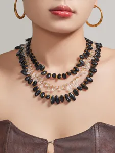 Exquisites mehrschichtiges Halsband aus schwarzem Achat und klarem Kristall mit goldenen Perlen