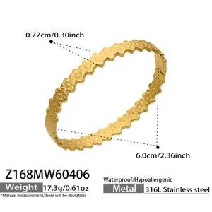 Detail view of the gold-plated stainless steel floral bangle showing exact dimensions and weight specs.