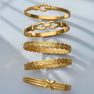 Minimalist Stainless Steel Rose Flower Texture Bangle Geometric Gold Silver Color Cuff Bracelet Stacking Bangle For Women Jewelry Gift