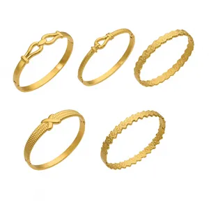Stainless steel gold-plated geometric flower pattern open bangle stackable women jewelry