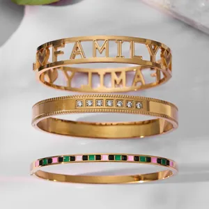 Stainless Steel PVD Gold Plated Bangle For Women Rhinestone Enamel Geometric Hollow Family Cuff Bracelet Jewelry