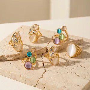 Set anelli pietra occhio di gatto vuoti, acciaio inossidabile dorato multicolore donna.