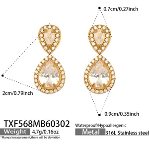 Pendientes de circonita en forma de gota dorada, de acero inoxidable, vista detallada.