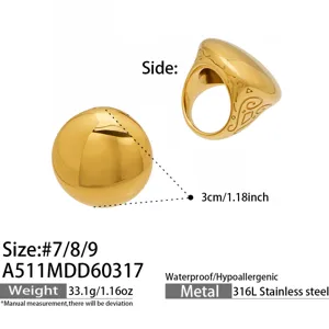 Chic 316L stainless steel geometric statement ring and sphere with detailed engraving and specs.