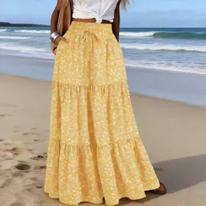Boho floral tiered maxi skirt for women, high waist drawstring long beach skirt yellow.