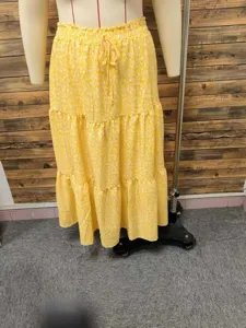 Women's yellow floral tiered maxi skirt high waist casual beach long skirt summer