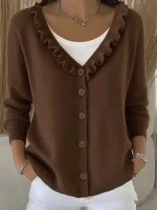 Brown knitted cardigan detail featuring a stylish ruffled v-neckline and front button closure.