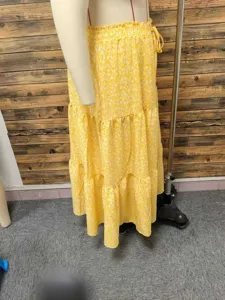 Women yellow floral print tiered maxi skirt boho long summer beach skirt casual wear style