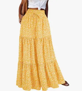 Women's yellow floral maxi skirt, high waist tiered long skirt for casual summer beach wear.