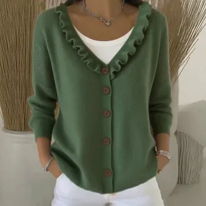 Women's green V-neck knitted cardigan with ruffles and buttons for autumn casual daily.