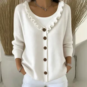 Women's Autumn Casual White V-Neck Ruffled Cardigan Loose Button Up Knitted Sweater