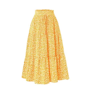 Women's yellow floral print tiered maxi skirt, high waist boho beach long skirt summer.
