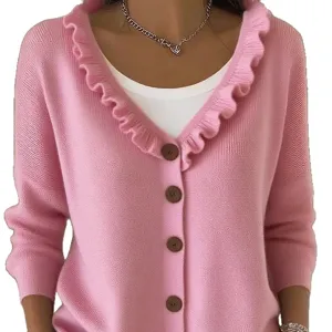 Women pink v-neck knitted cardigan casual long sleeve sweater with ruffles and buttons.