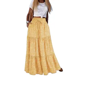Womens yellow floral long skirt bohemian tiered max skirt with white crop top vacation outfit
