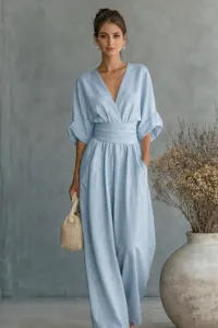 Gedetailleerd overzicht van elegante lichtblauwe jumpsuit met V-hals en wijde pijpen.
