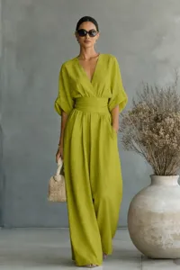 Elegante vrouwen groene v-hals getailleerde jumpsuit wijde pijpen lente zomer mode