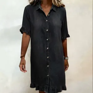 Women casual summer dark denim shirt dress with cute ruffles half sleeve button down