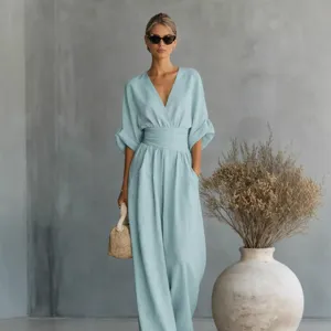 Dames Elegante Jumpsuit V-Hals Hoge Taille Effen Kleur Korte Mouw Wijde Pijpen Lange Broek Gebreide Jumpsuit Voor Pendelen Dagelijkse Outfit