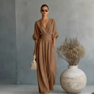 Dames casual V-hals effen lange jumpsuit elegante zomer slanke taille wijde broek
