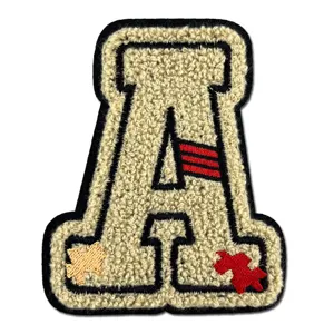 Chenille embroidered letter A patch with retro varsity design and fuzzy texture for jackets.