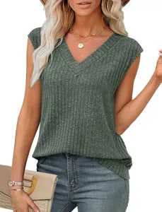 Zomer casual effen V-hals geribbelde mouwloze top voor dames mode stijl luxe kleding.