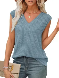Zomer casual V-hals effen mouwloze tanktop voor dames, comfortabele gebreide top.
